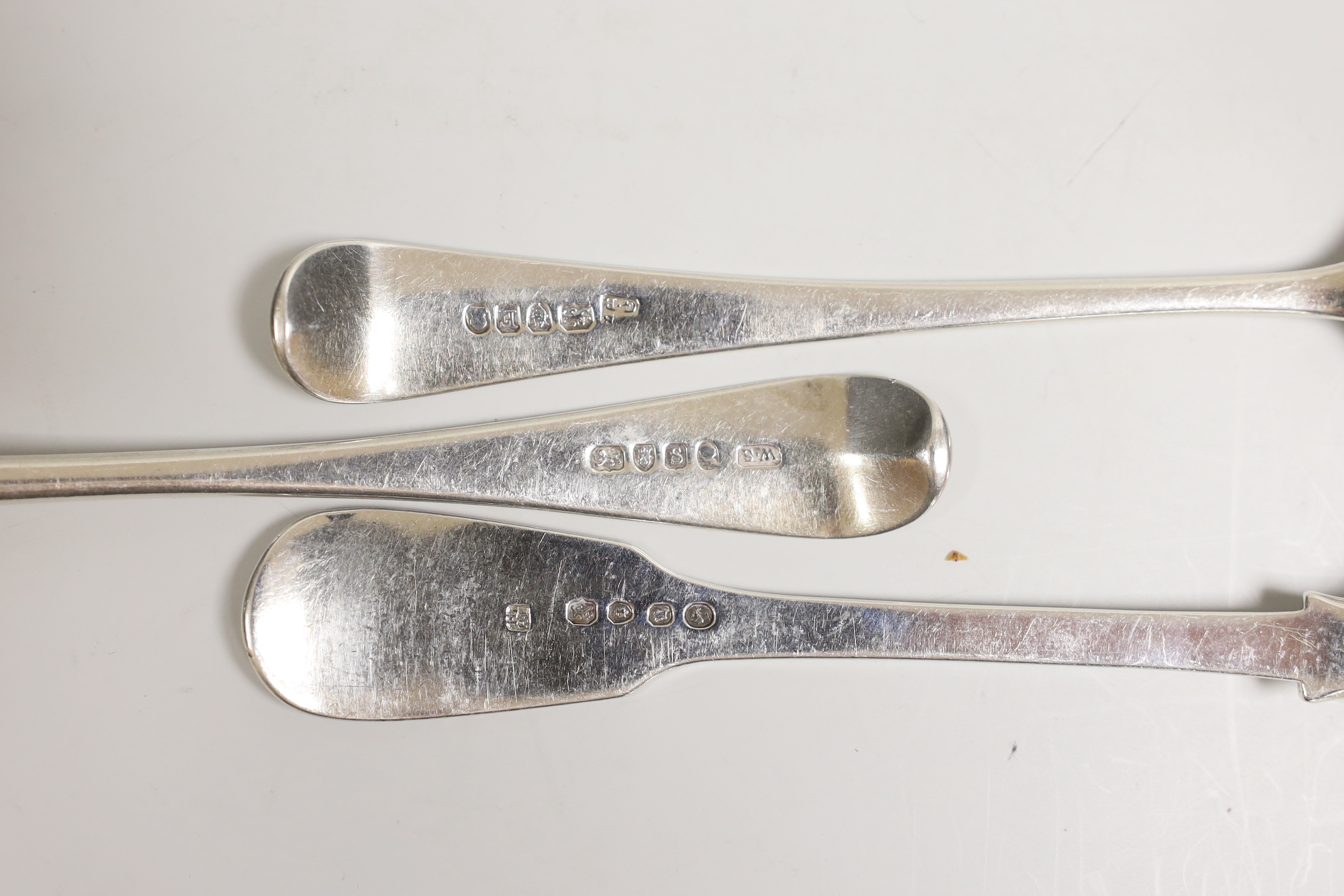 A group of assorted 19th century silver table spoons including four George III Old English pattern, London, 1808, various patterns, dates and makers, 42.5oz.